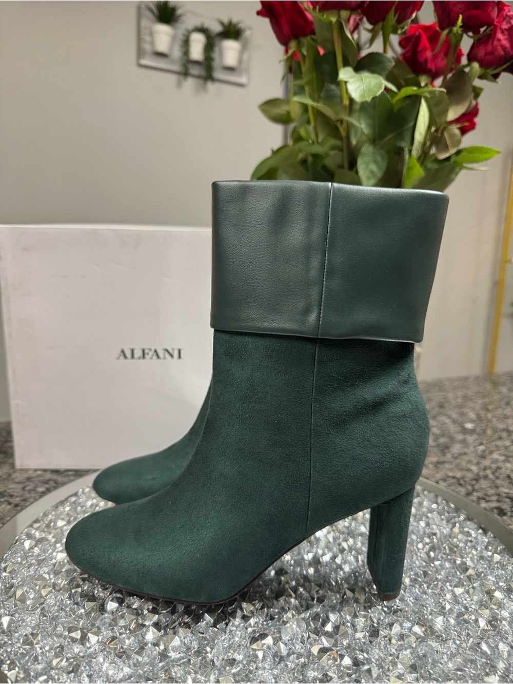 Alfani pine Dark Green Fold-Over  Ankle Boots NEW 6.5